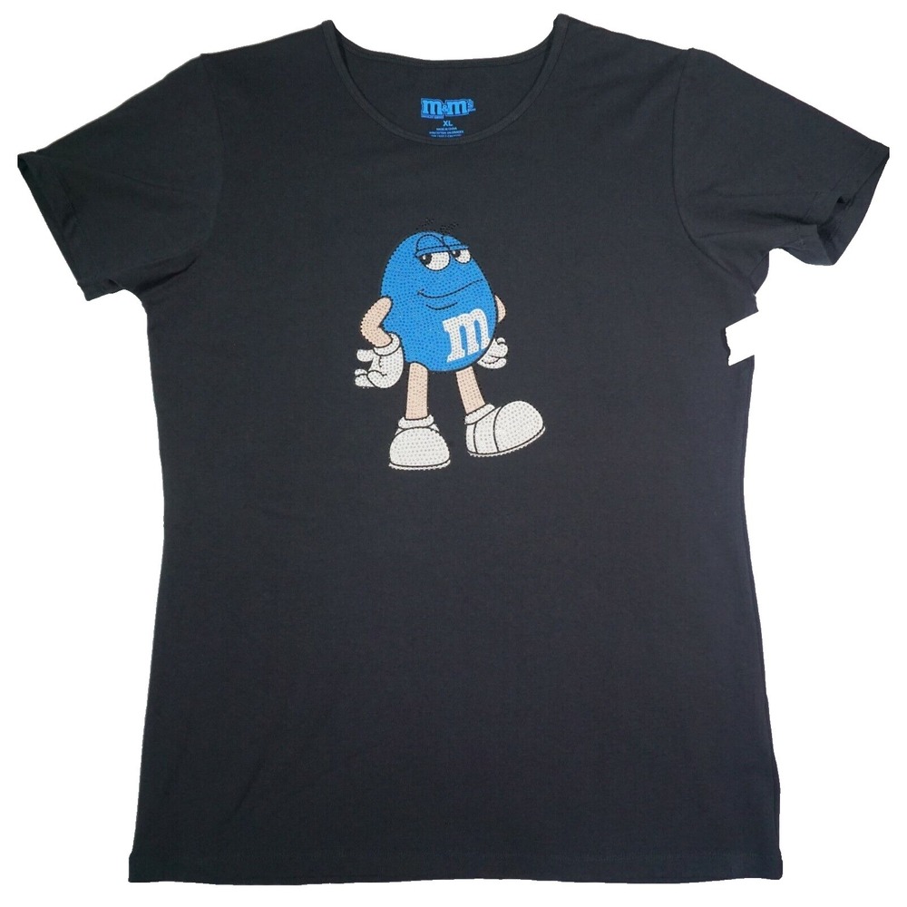 M&M's World BLUE‎ ALMOND Studded Nailhead - Women XL Black T-Shirt NEW